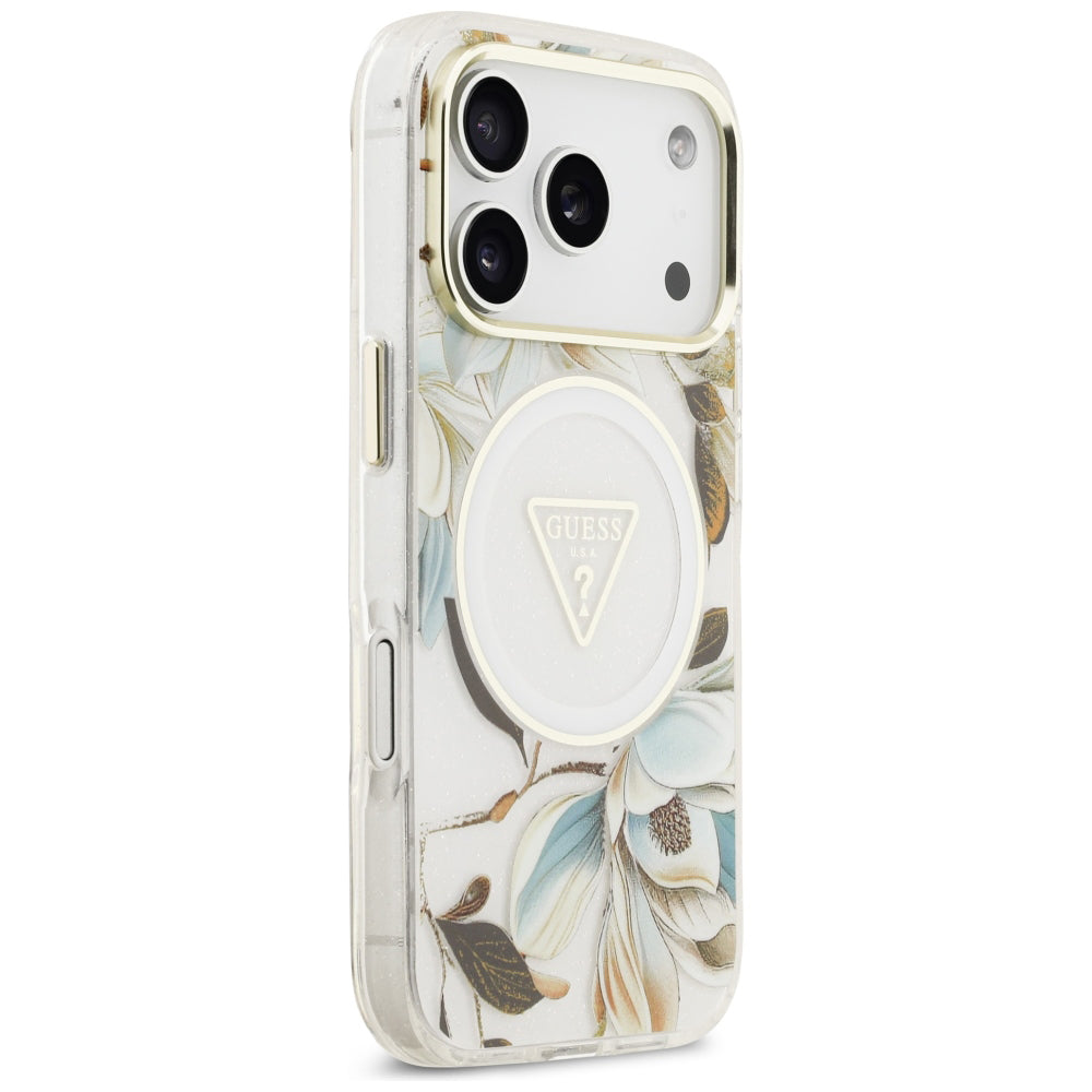 Capa Guess IML Glitter Flowers Triangle MagSafe - iPhone 17 Pro / 18 Pro - Branco