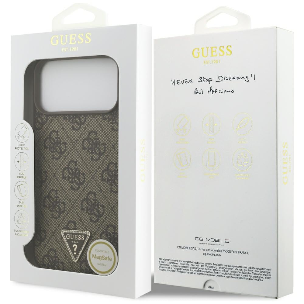Capa Guess Leather 4G Triangle Strass MagSafe - iPhone 17 Pro Max / 18 Pro Max - Castanho
