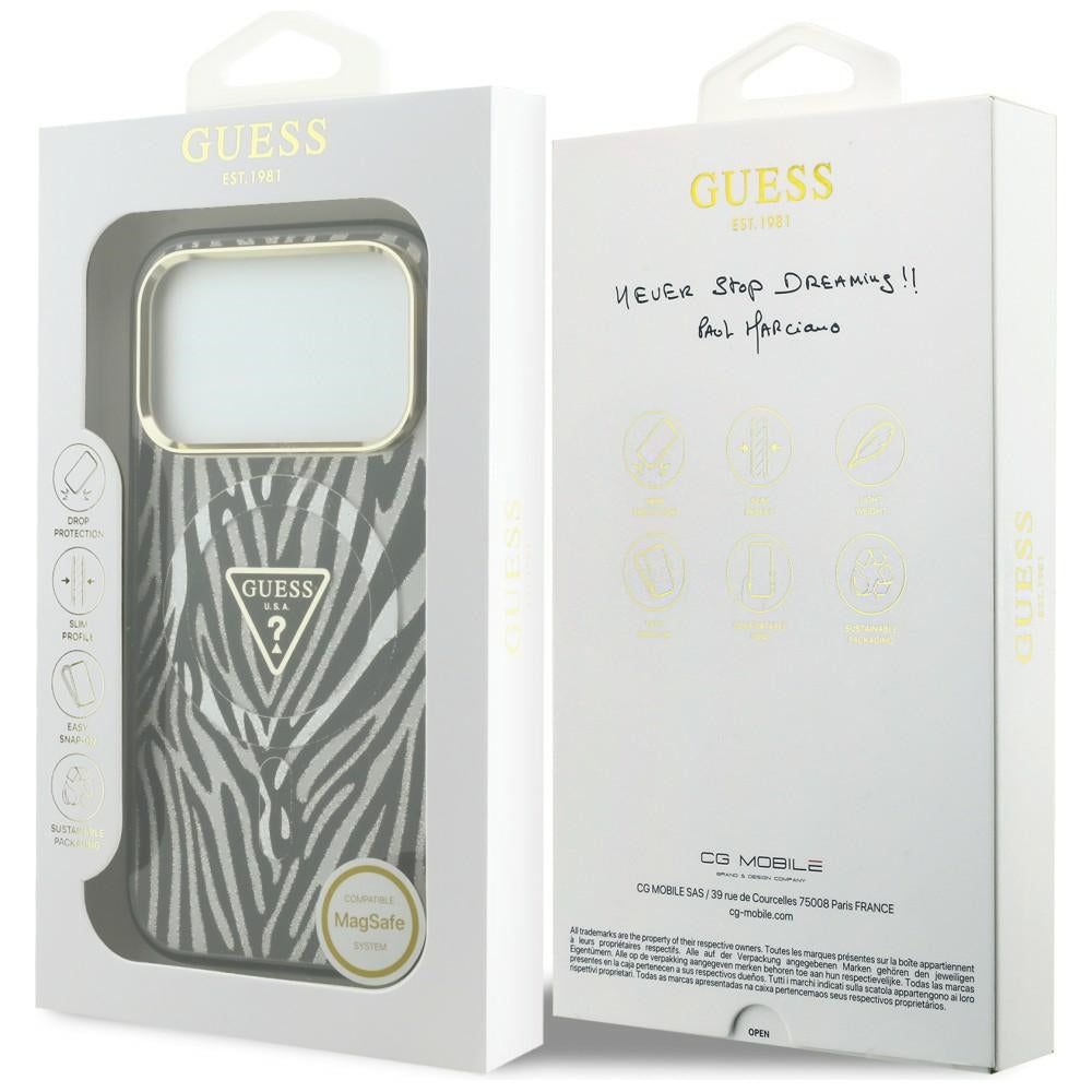 Capa Guess Zebra Glitter Triangle Logo MagSafe - iPhone 17 Pro Max / 18 Pro Max - Preto / Prateado