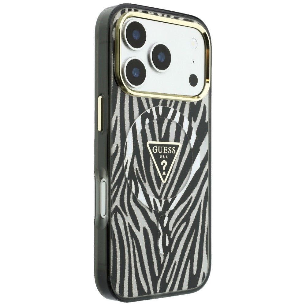 Capa Guess Zebra Glitter Triangle Logo MagSafe - iPhone 17 Pro Max / 18 Pro Max - Preto / Prateado