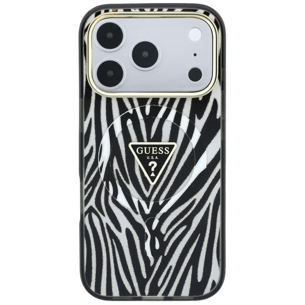 Capa Guess Zebra Glitter Triangle Logo MagSafe - iPhone 17 Pro Max / 18 Pro Max - Preto / Prateado