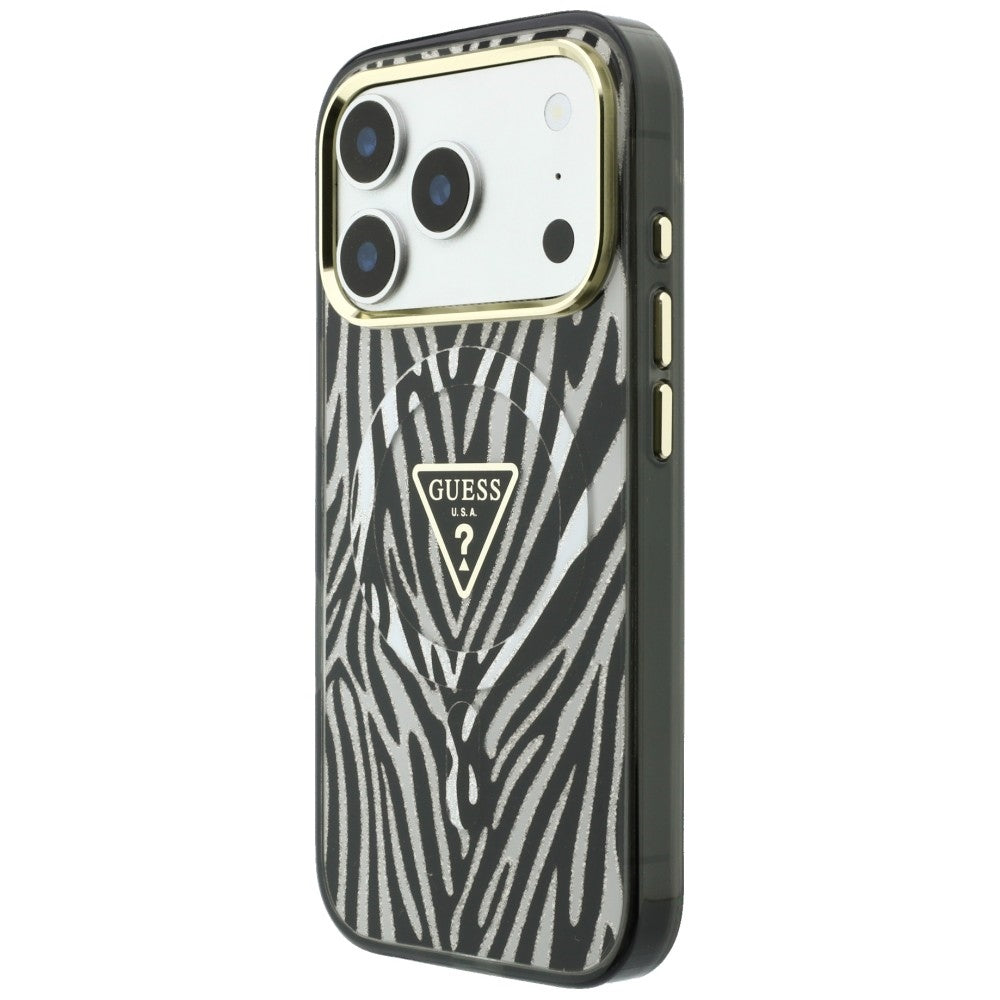 Capa Guess Zebra Glitter Triangle Logo MagSafe - iPhone 17 Pro Max / 18 Pro Max - Preto / Prateado