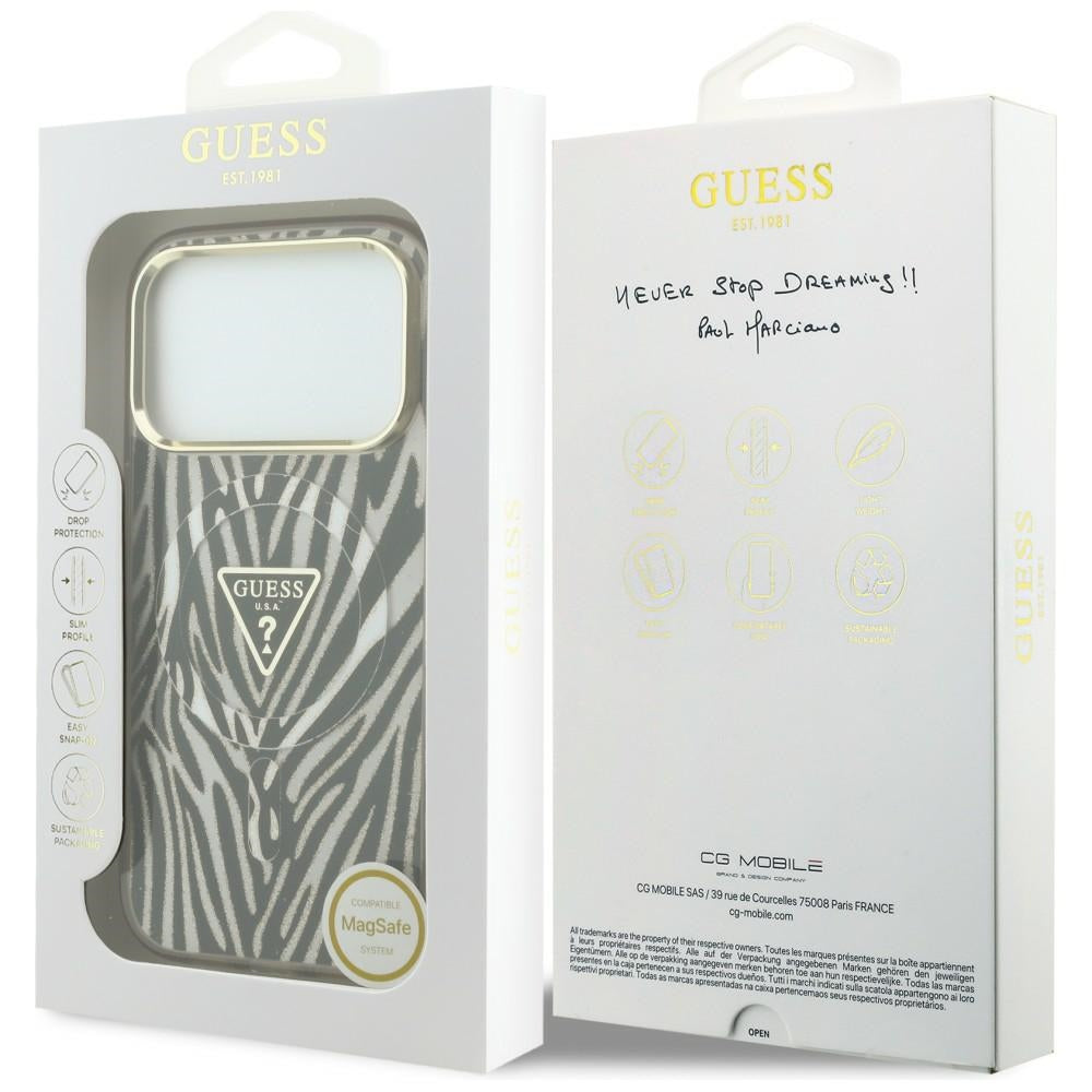 Capa Guess Zebra Glitter Triangle Logo MagSafe - iPhone 17 Pro / 18 Pro - Preto / Dourado