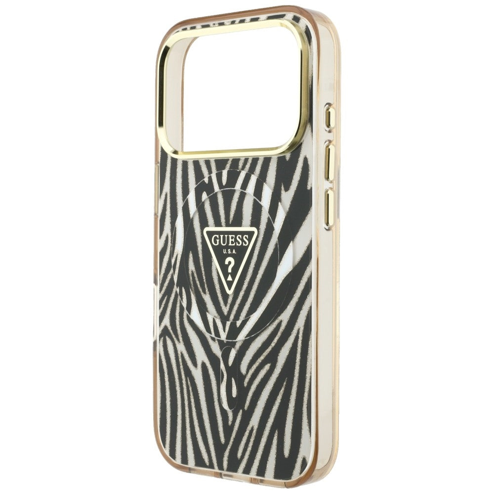 Capa Guess Zebra Glitter Triangle Logo MagSafe - iPhone 17 Pro Max / 18 Pro Max - Preto / Dourado