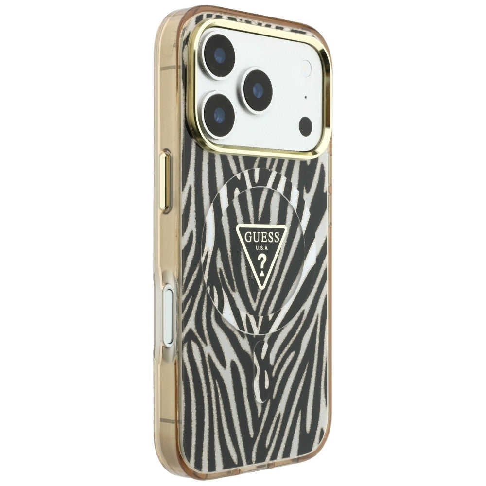 Capa Guess Zebra Glitter Triangle Logo MagSafe - iPhone 17 Pro Max / 18 Pro Max - Preto / Dourado