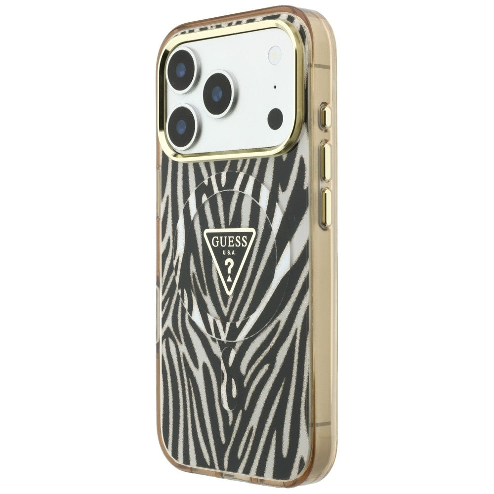 Capa Guess Zebra Glitter Triangle Logo MagSafe - iPhone 17 Pro Max / 18 Pro Max - Preto / Dourado