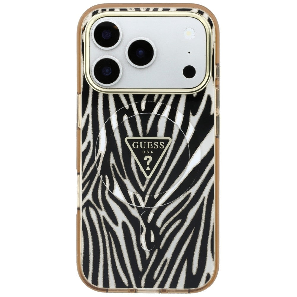 Capa Guess Zebra Glitter Triangle Logo MagSafe - iPhone 17 Pro Max / 18 Pro Max - Preto / Dourado