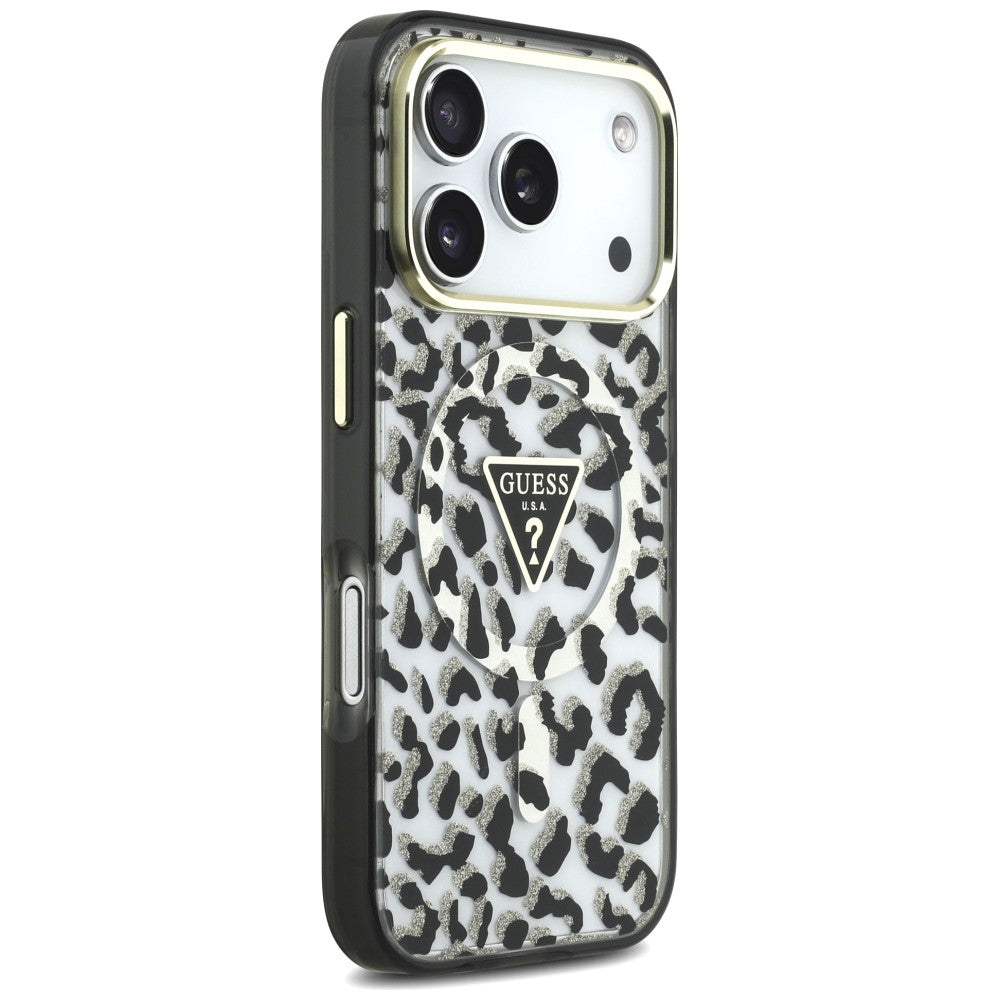 Capa Guess Leopard Glitter Triangle Logo MagSafe - iPhone 17 Pro / 18 Pro - Preto