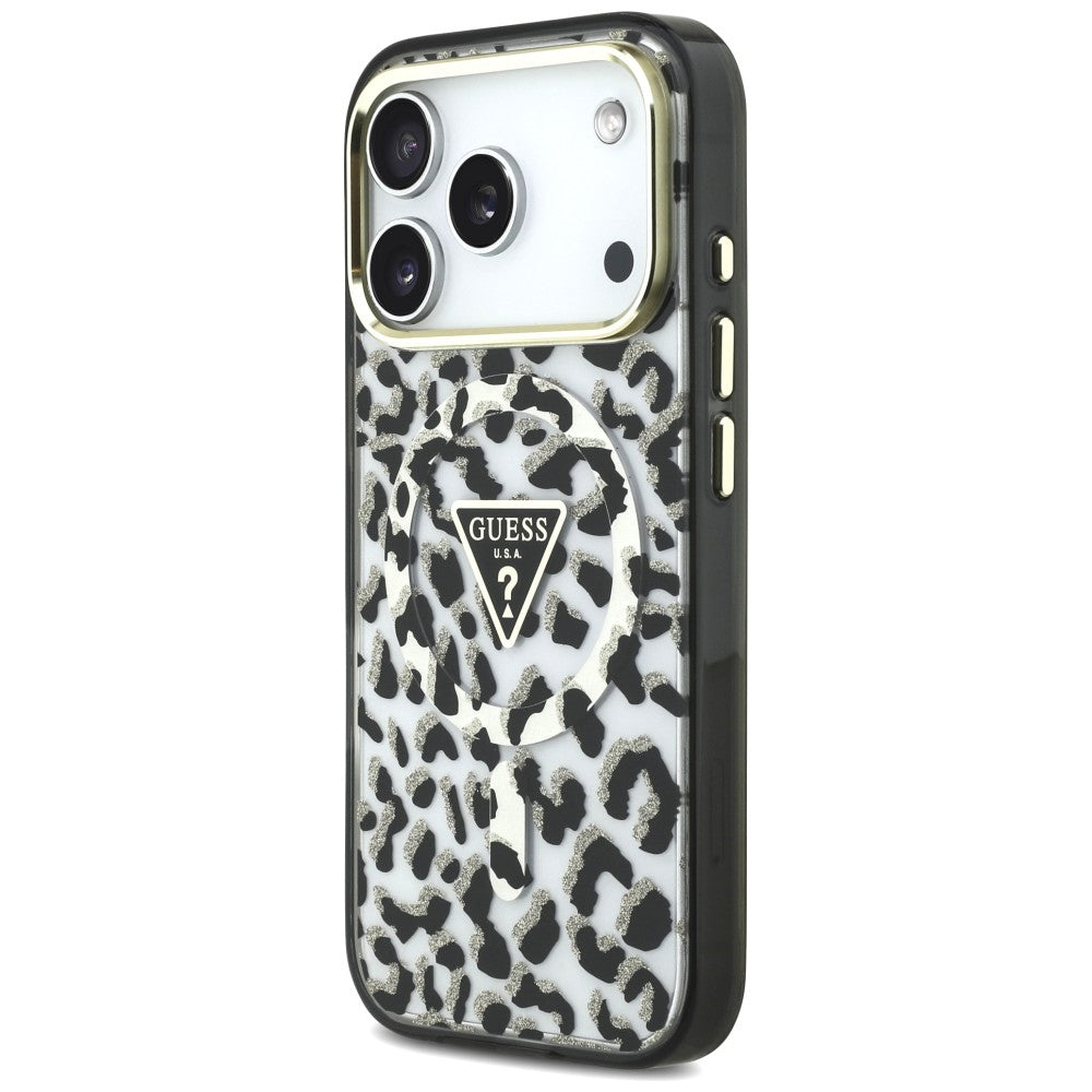 Capa Guess Leopard Glitter Triangle Logo MagSafe - iPhone 17 Pro / 18 Pro - Preto