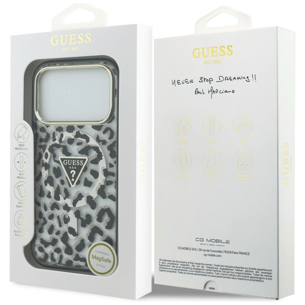 Capa Guess Leopard Glitter Triangle Logo MagSafe - iPhone 17 Pro Max / 18 Pro Max - Preto