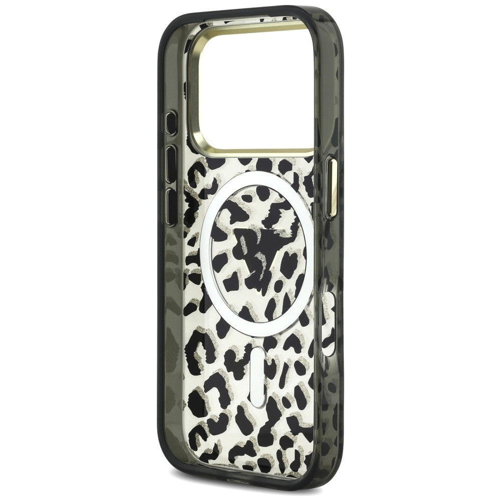 Capa Guess Leopard Glitter Triangle Logo MagSafe - iPhone 17 Pro Max / 18 Pro Max - Preto