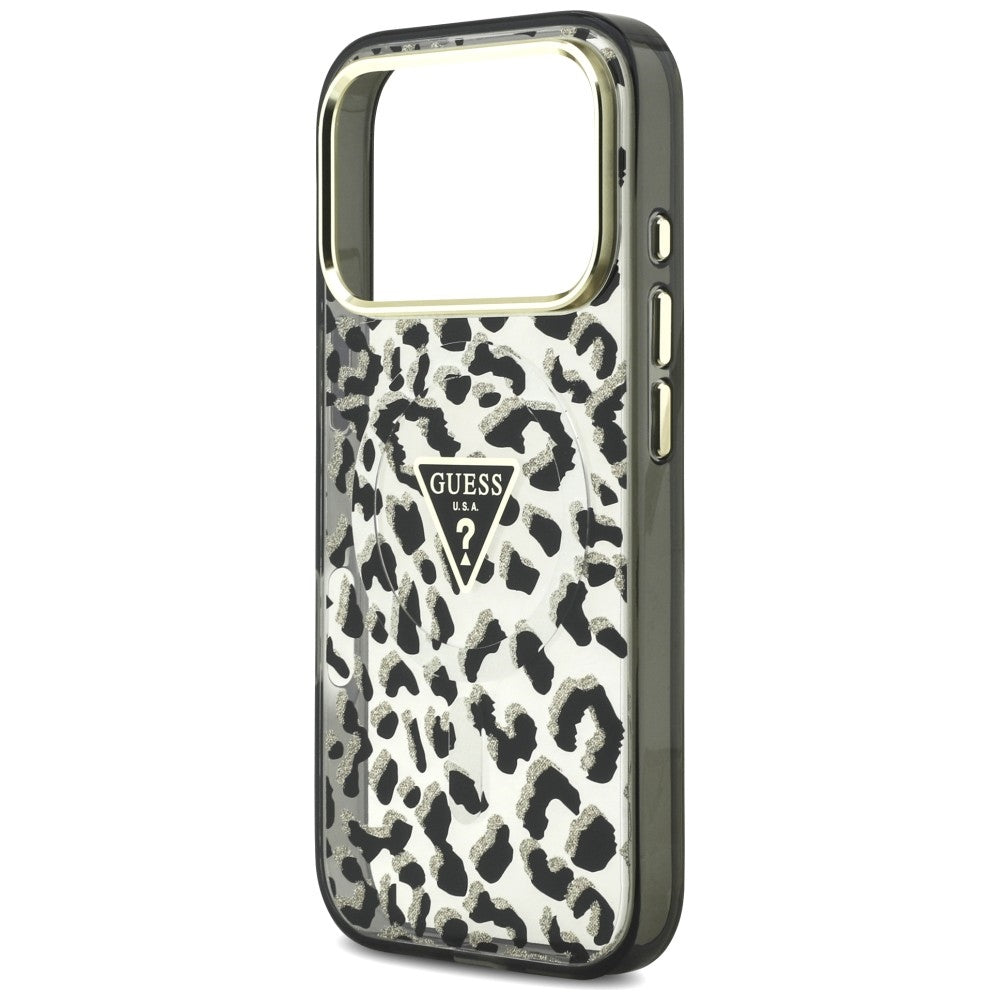 Capa Guess Leopard Glitter Triangle Logo MagSafe - iPhone 17 Pro Max / 18 Pro Max - Preto
