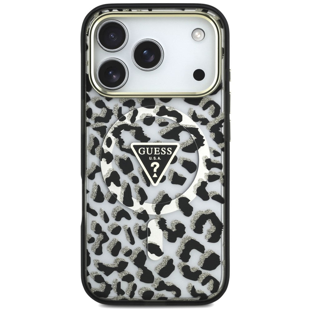 Capa Guess Leopard Glitter Triangle Logo MagSafe - iPhone 17 Pro Max / 18 Pro Max - Preto