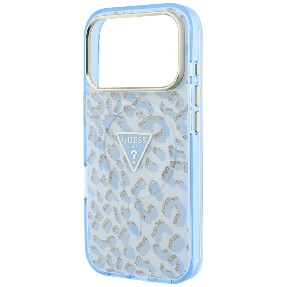 Capa Guess Leopard Glitter Triangle Logo MagSafe - iPhone 17 Pro / 18 Pro - Azul-claro