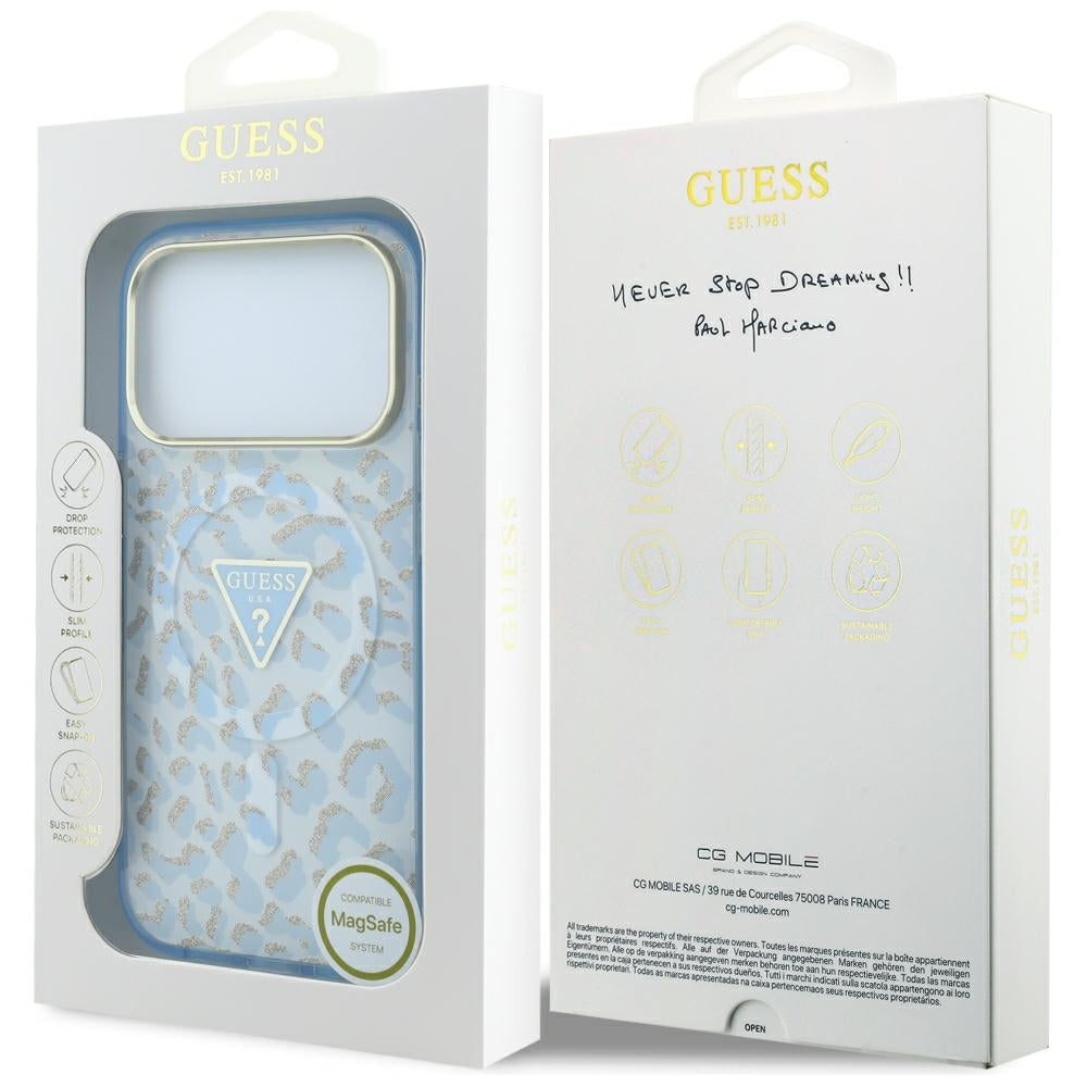 Capa Guess Leopard Glitter Triangle Logo MagSafe - iPhone 17 Pro / 18 Pro - Azul-claro