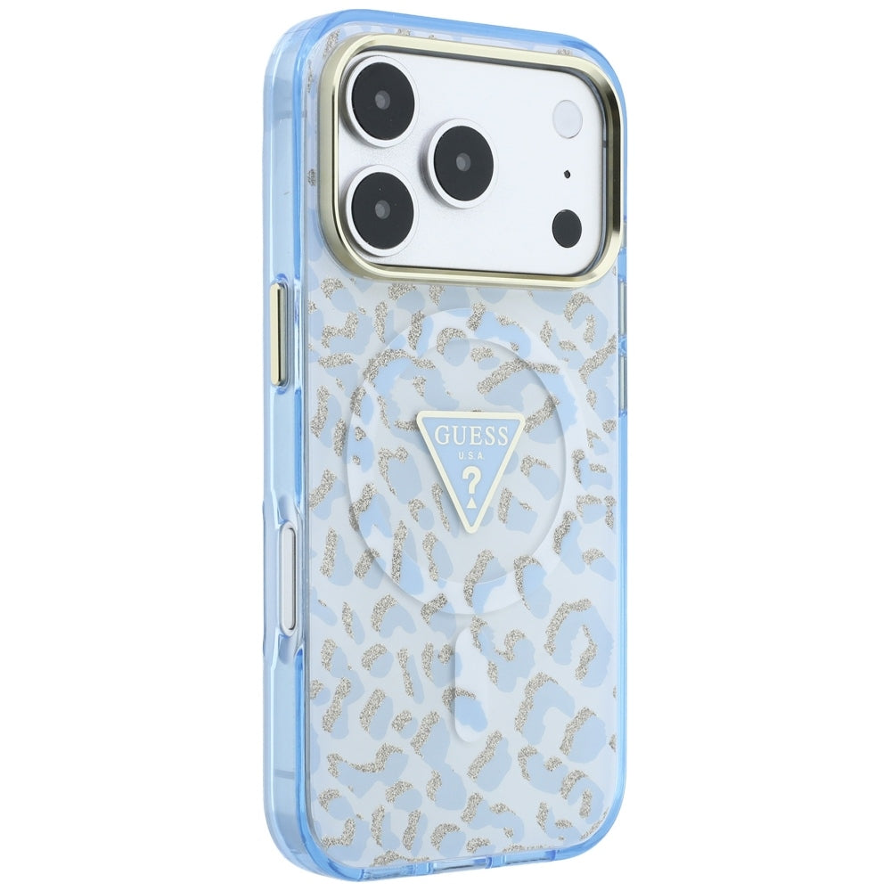 Capa Guess Leopard Glitter Triangle Logo MagSafe - iPhone 17 Pro / 18 Pro - Azul-claro
