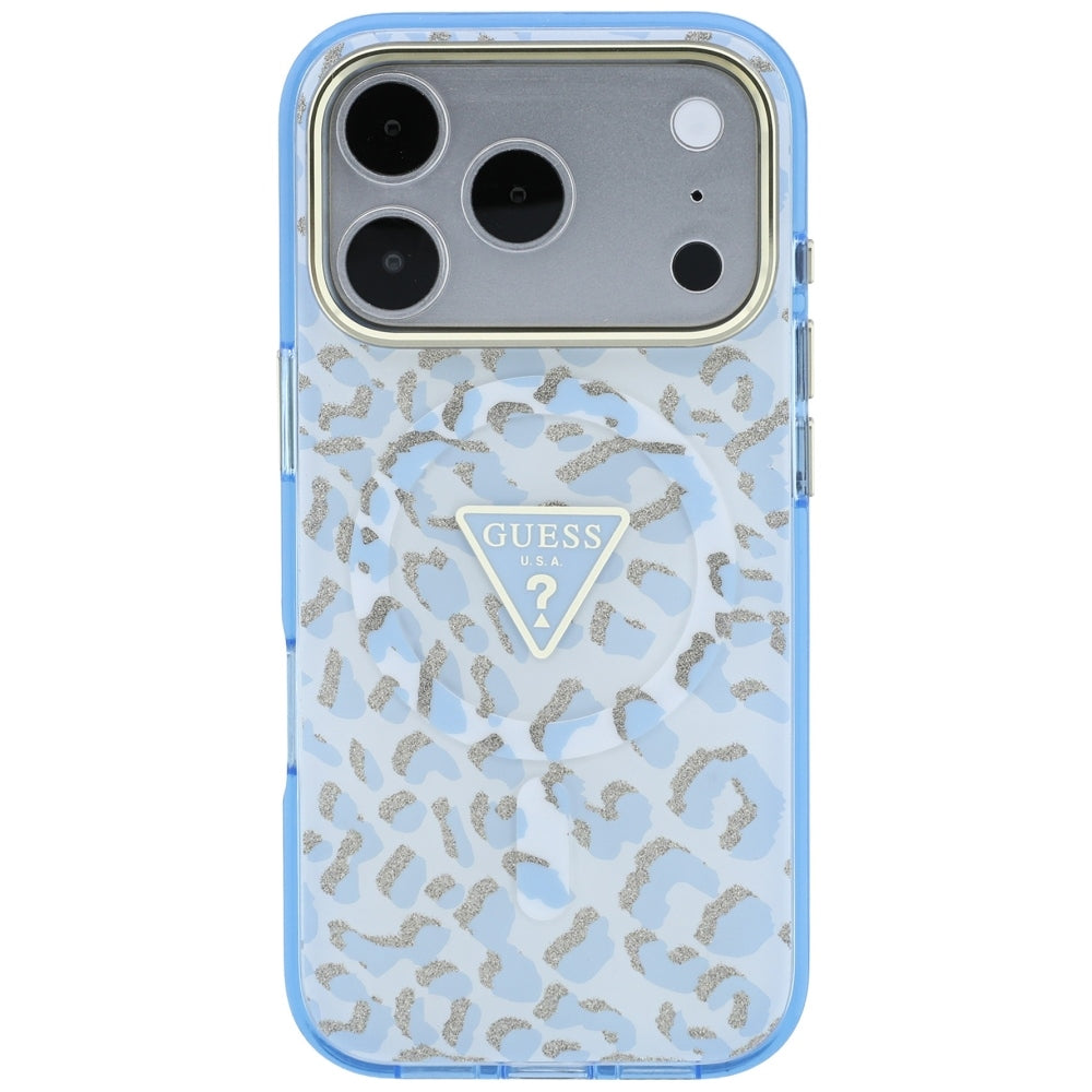 Capa Guess Leopard Glitter Triangle Logo MagSafe - iPhone 17 Pro / 18 Pro - Azul-claro