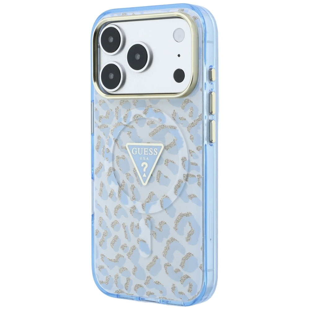 Capa Guess Leopard Glitter Triangle Logo MagSafe - iPhone 17 Pro Max / 18 Pro Max - Azul-claro