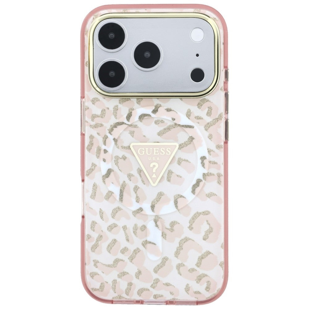 Capa Guess Leopard Glitter Triangle Logo MagSafe - iPhone 17 Pro / 18 Pro - Rosa