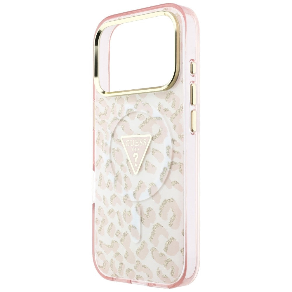 Capa Guess Leopard Glitter Triangle Logo MagSafe - iPhone 17 Pro / 18 Pro - Rosa