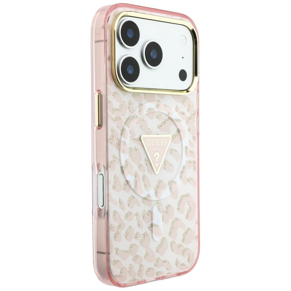 Capa Guess Leopard Glitter Triangle Logo MagSafe - iPhone 17 Pro Max / 18 Pro Max - Rosa