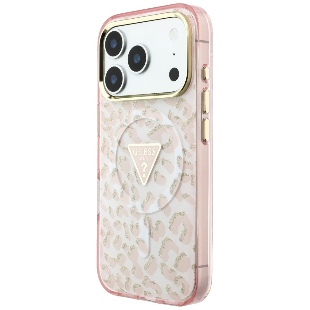 Capa Guess Leopard Glitter Triangle Logo MagSafe - iPhone 17 Pro Max / 18 Pro Max - Rosa