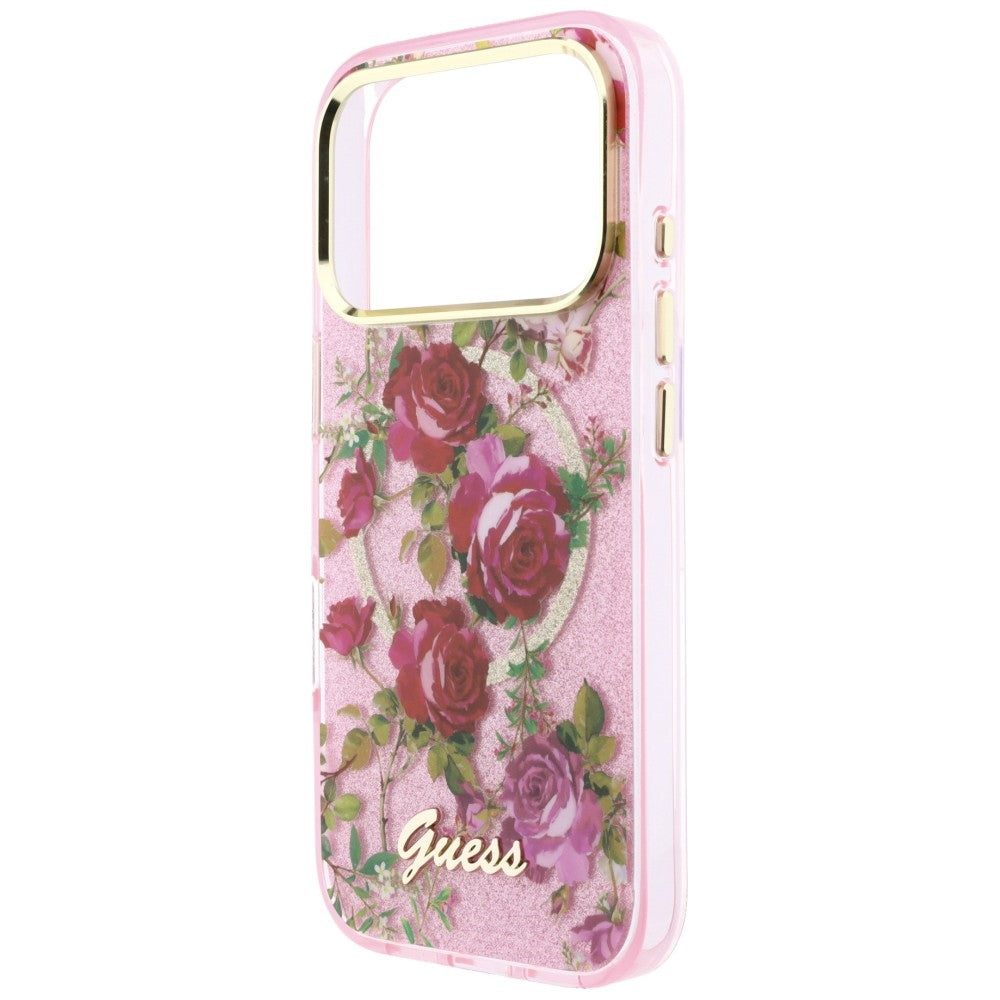 Capa Guess IML Glitter Blossom Roses MagSafe - iPhone 17 Pro / 18 Pro - Rosa