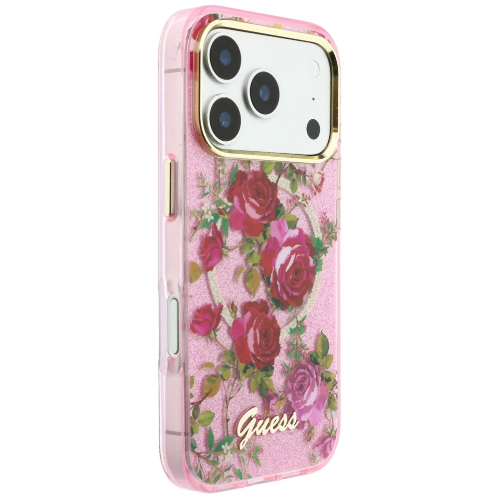 Capa Guess IML Glitter Blossom Roses MagSafe - iPhone 17 Pro / 18 Pro - Rosa