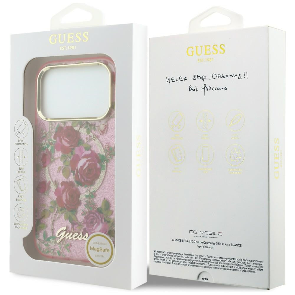 Capa Guess IML Glitter Blossom Roses MagSafe - iPhone 17 Pro / 18 Pro - Rosa