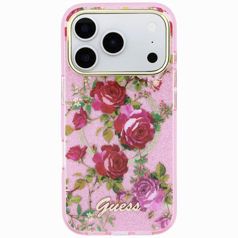 Capa Guess IML Glitter Blossom Roses MagSafe - iPhone 17 Pro / 18 Pro - Rosa