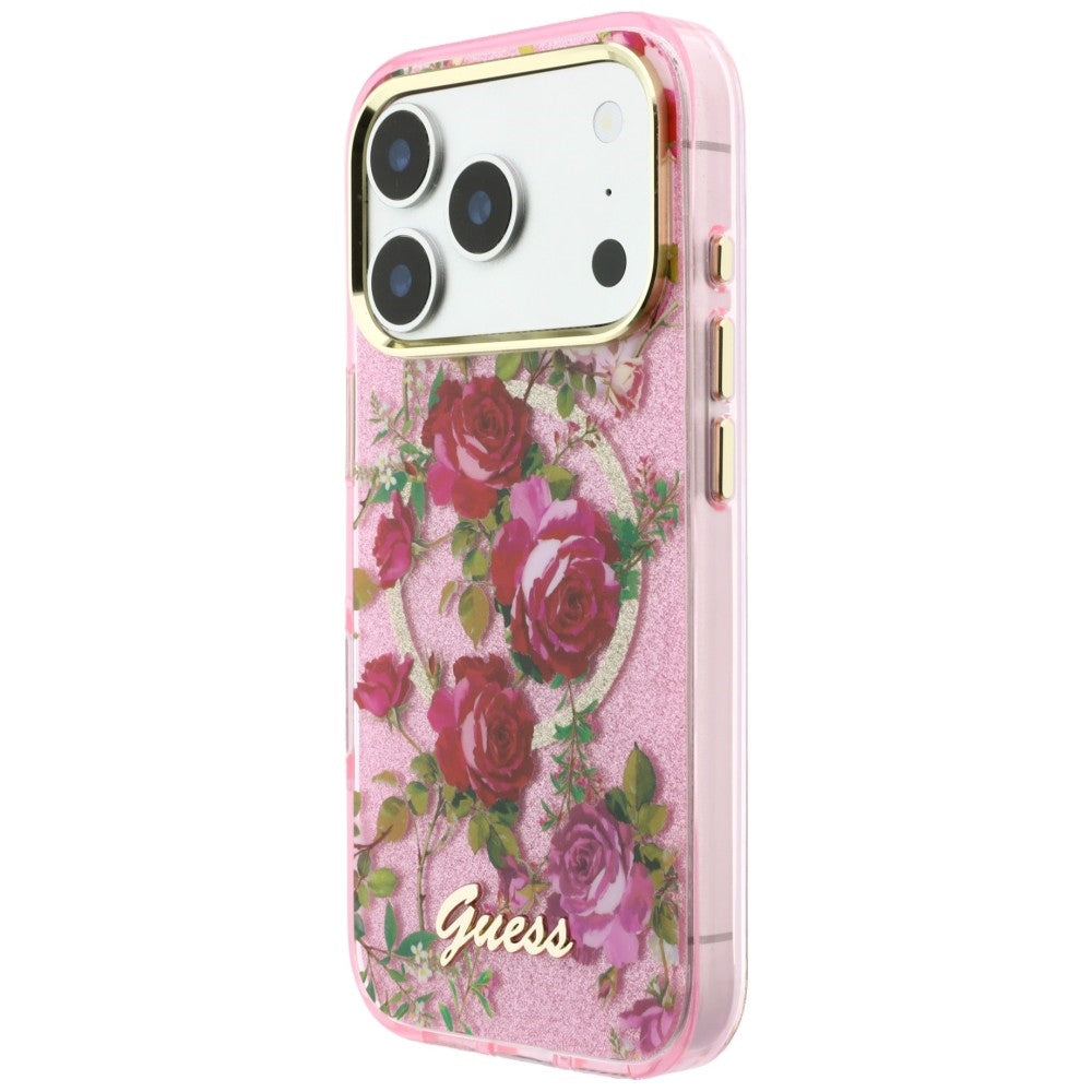 Capa Guess IML Glitter Blossom Roses MagSafe - iPhone 17 Pro / 18 Pro - Rosa