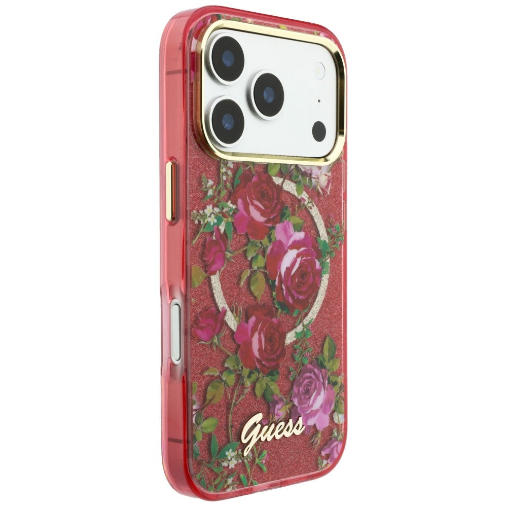 Capa Guess IML Glitter Blossom Roses MagSafe - iPhone 17 Pro Max / 18 Pro Max - Bordeaux