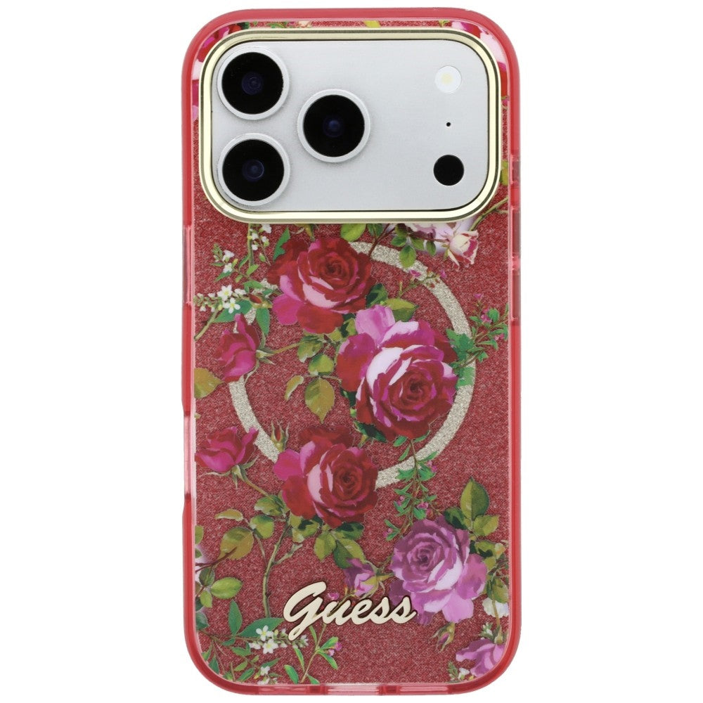 Capa Guess IML Glitter Blossom Roses MagSafe - iPhone 17 Pro Max / 18 Pro Max - Bordeaux