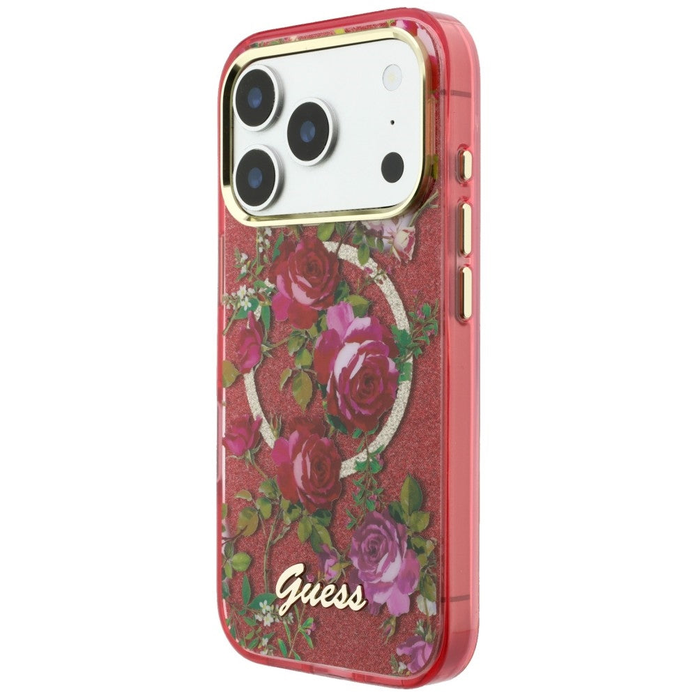 Capa Guess IML Glitter Blossom Roses MagSafe - iPhone 17 Pro Max / 18 Pro Max - Bordeaux