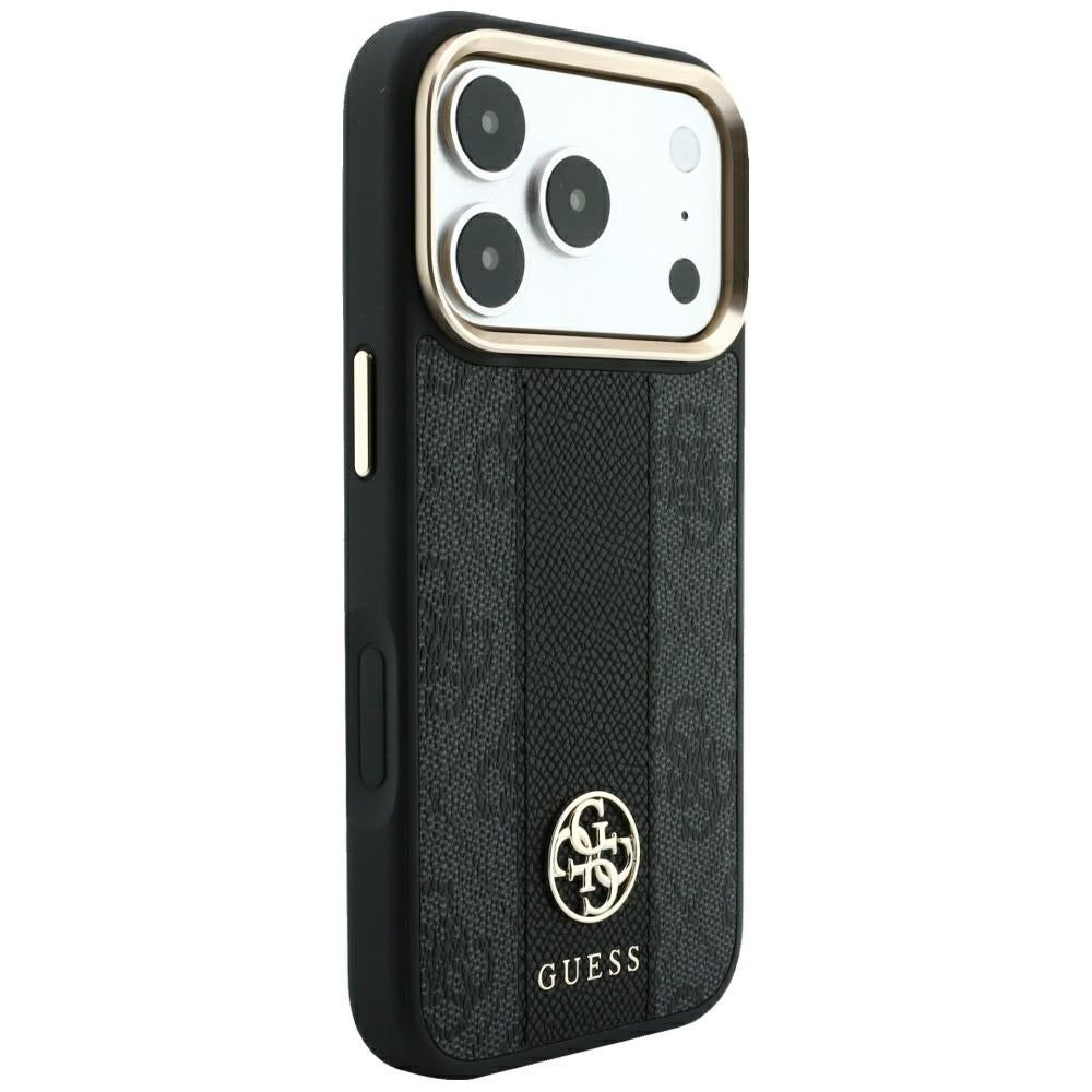 Capa Guess Leather 4G Stripe Round Classic Logo MagSafe - iPhone 17 Pro / 18 Pro - Preto