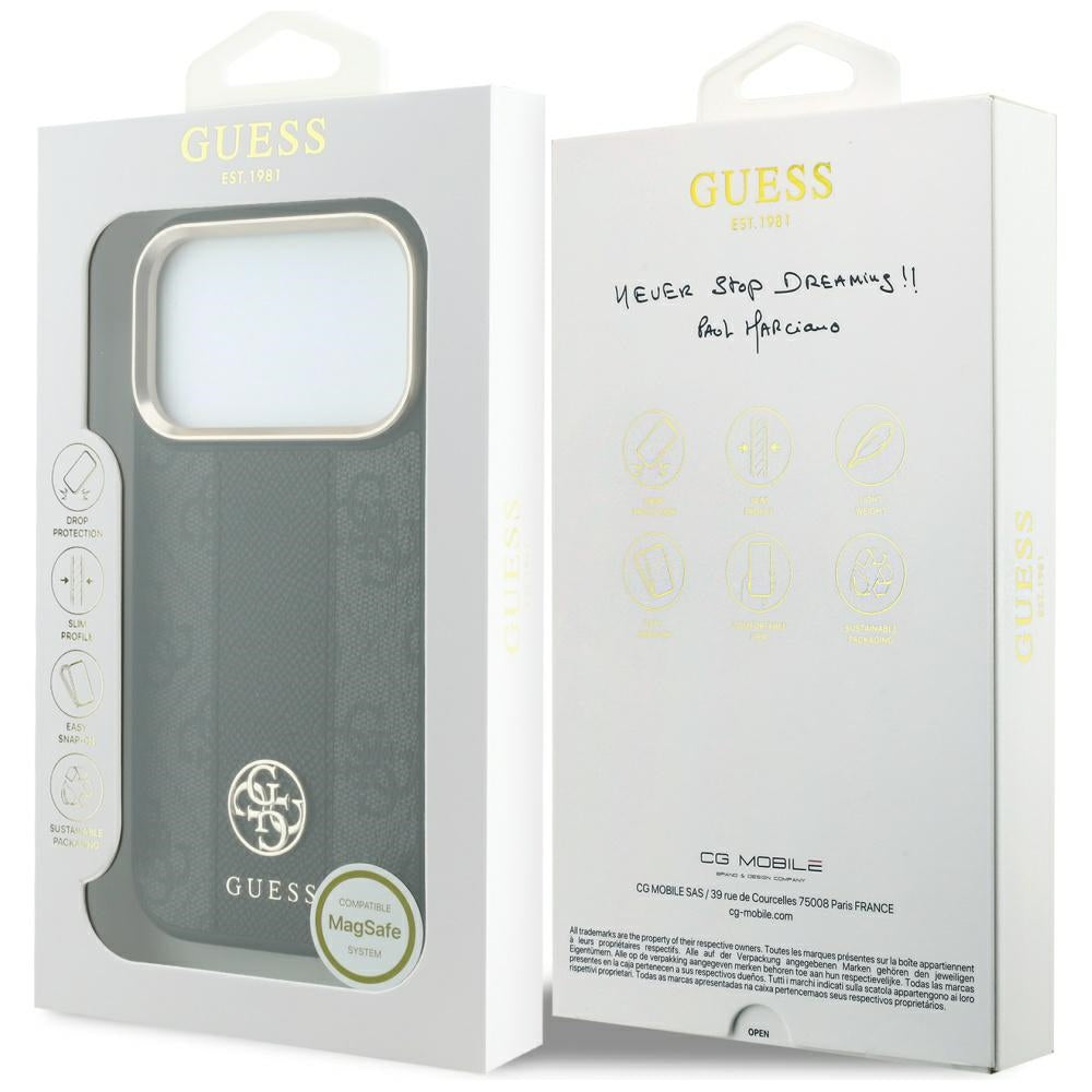Capa Guess Leather 4G Stripe Round Classic Logo MagSafe - iPhone 17 Pro Max / 18 Pro Max - Preto