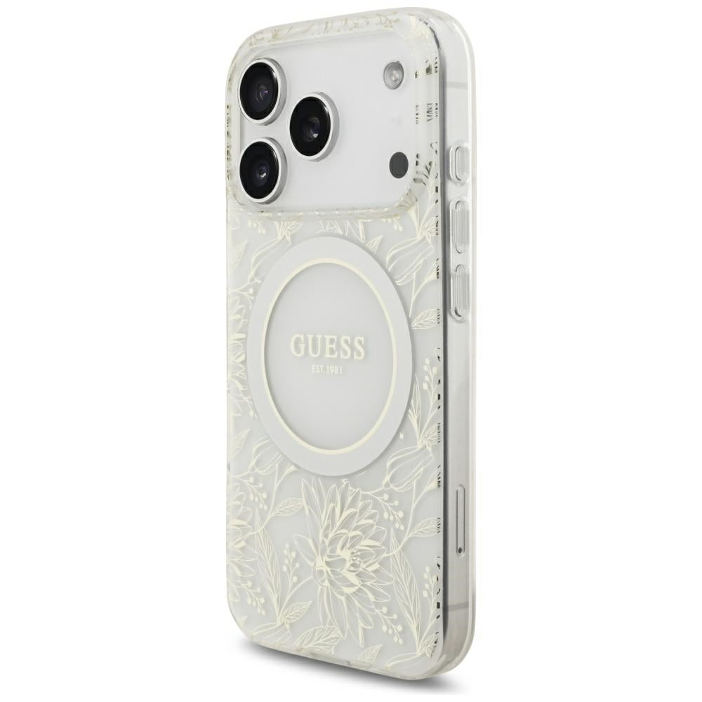 Capa Guess IML Flowers Electroplated with Pearl Strap MagSafe - iPhone 17 Pro / 18 Pro - Branco