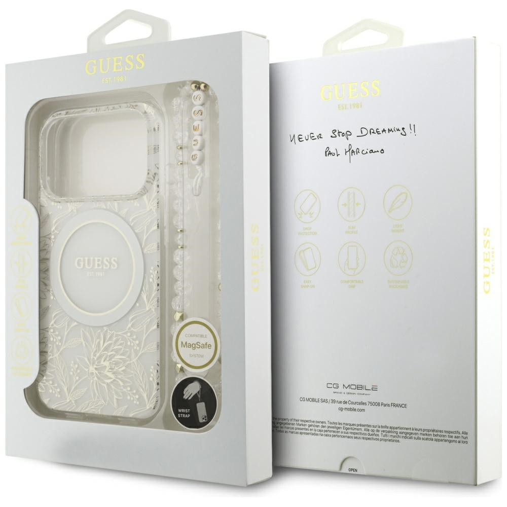 Capa Guess IML Flowers Electroplated with Pearl Strap MagSafe - iPhone 17 Pro / 18 Pro - Branco