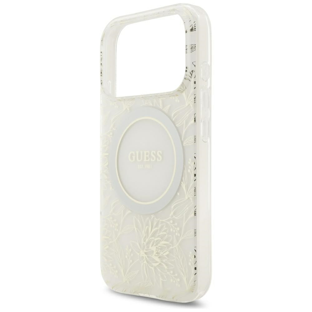 Capa Guess IML Flowers Electroplated with Pearl Strap MagSafe - iPhone 17 Pro Max / 18 Pro Max - Branco