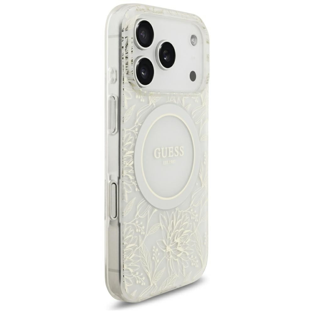 Capa Guess IML Flowers Electroplated with Pearl Strap MagSafe - iPhone 17 Pro Max / 18 Pro Max - Branco