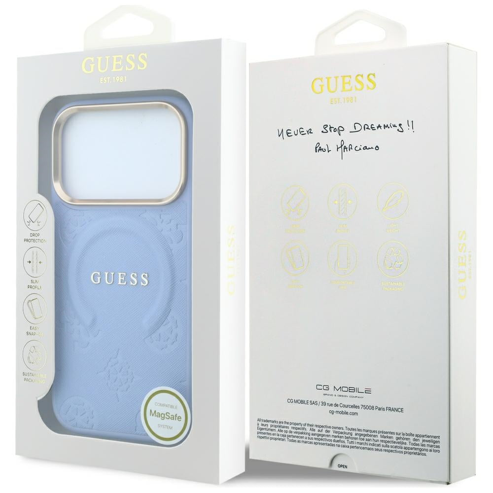 Capa Guess Saffiano Peony & Ring MagSafe - iPhone 17 Pro / 18 Pro - Azul-claro