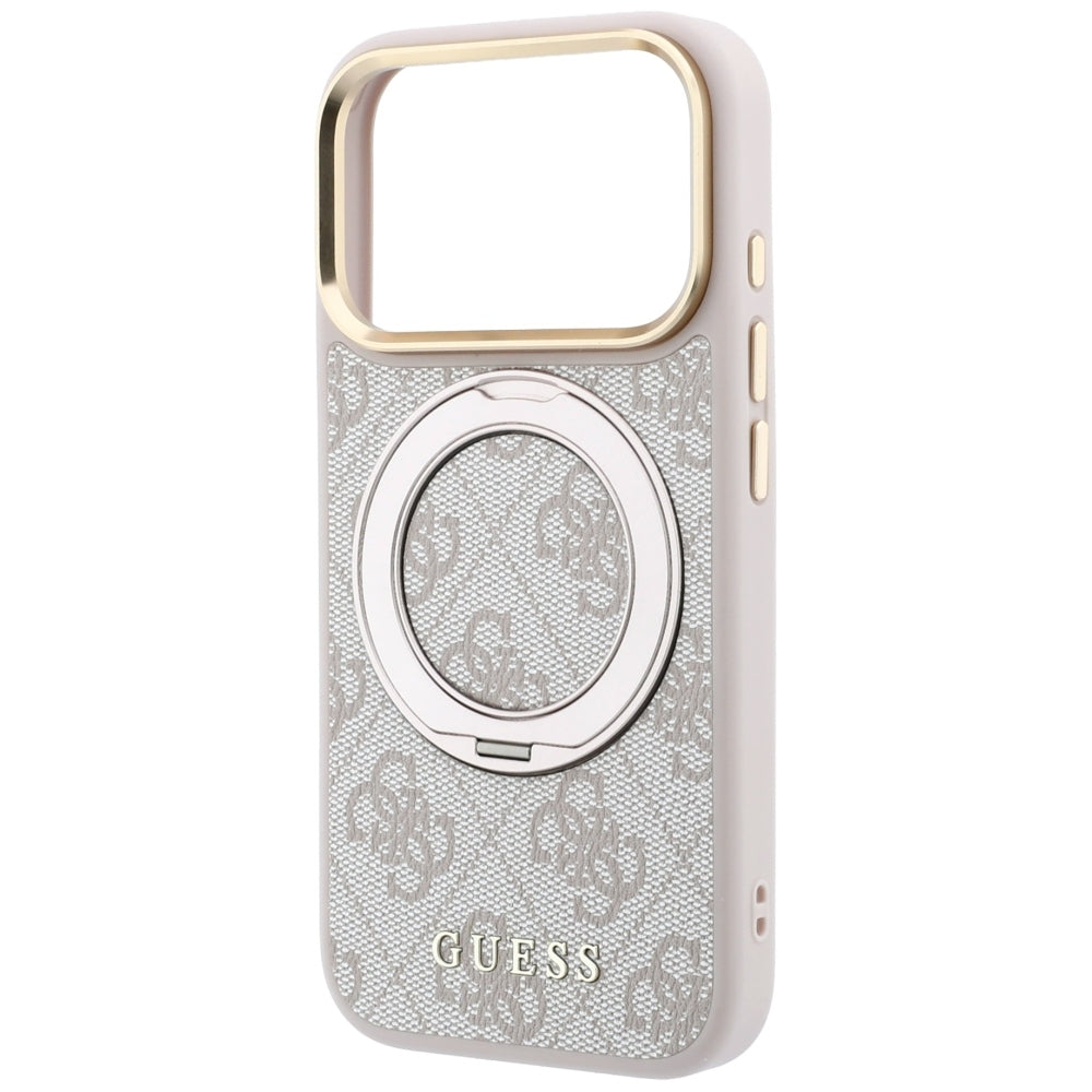 Capa Guess Ring Stand 360 4G Leather Classic Logo MagSafe - iPhone 17 Pro Max / 18 Pro Max - Rosa