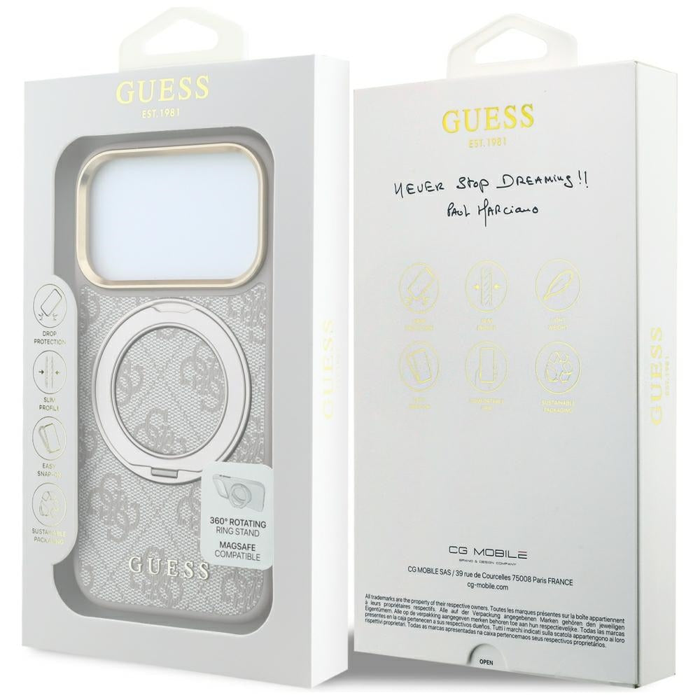 Capa Guess Ring Stand 360 4G Leather Classic Logo MagSafe - iPhone 17 Pro Max / 18 Pro Max - Rosa