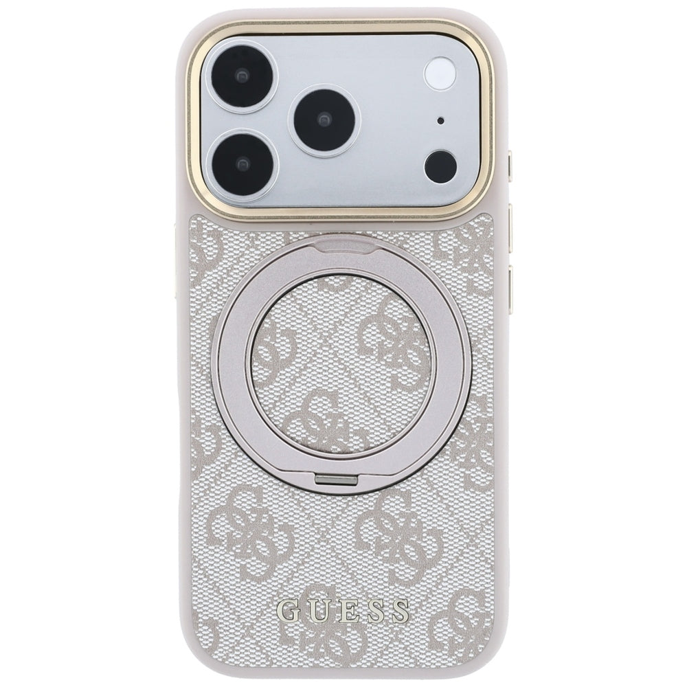 Capa Guess Ring Stand 360 4G Leather Classic Logo MagSafe - iPhone 17 Pro Max / 18 Pro Max - Rosa
