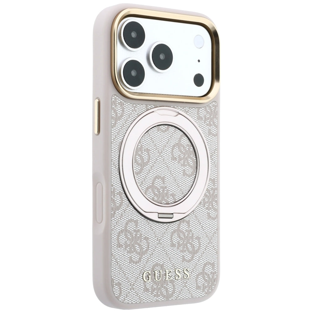 Capa Guess Ring Stand 360 4G Leather Classic Logo MagSafe - iPhone 17 Pro Max / 18 Pro Max - Rosa