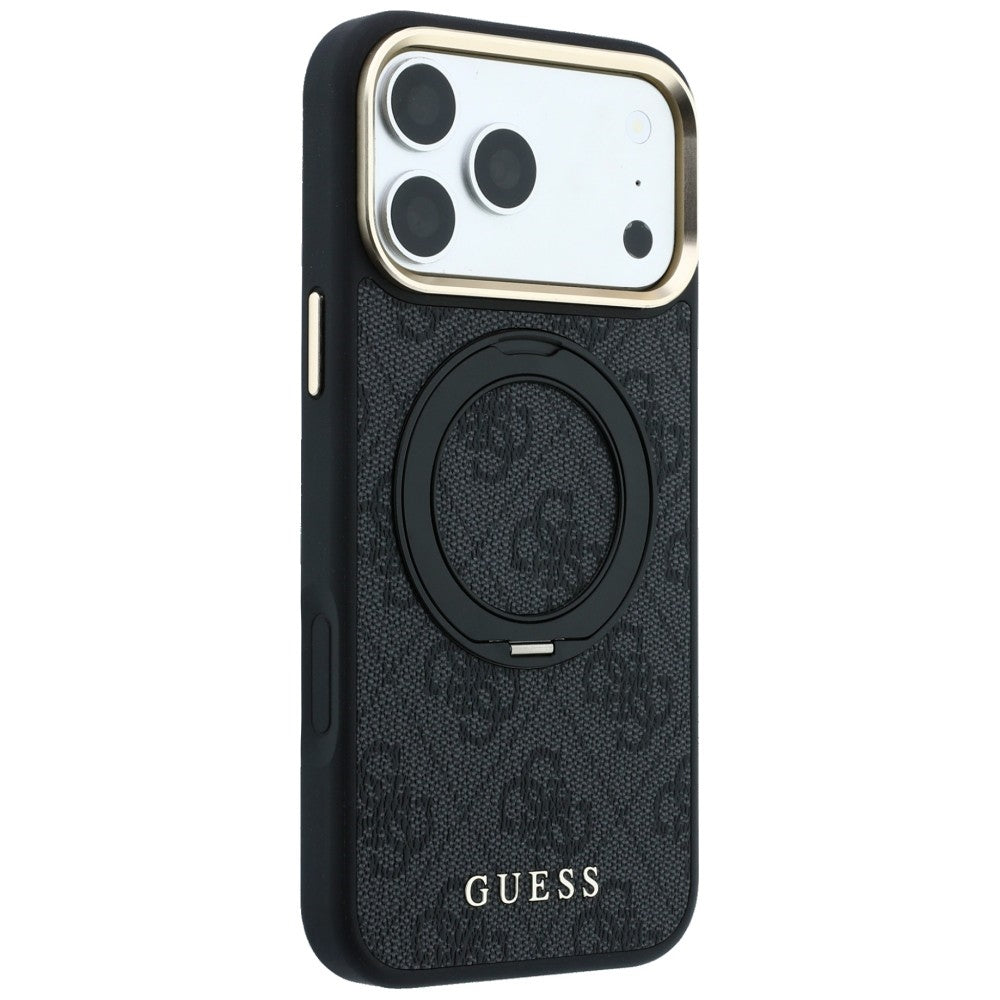 Capa Guess Ring Stand 360 4G Leather Classic Logo MagSafe - iPhone 17 Pro / 18 Pro - Preto