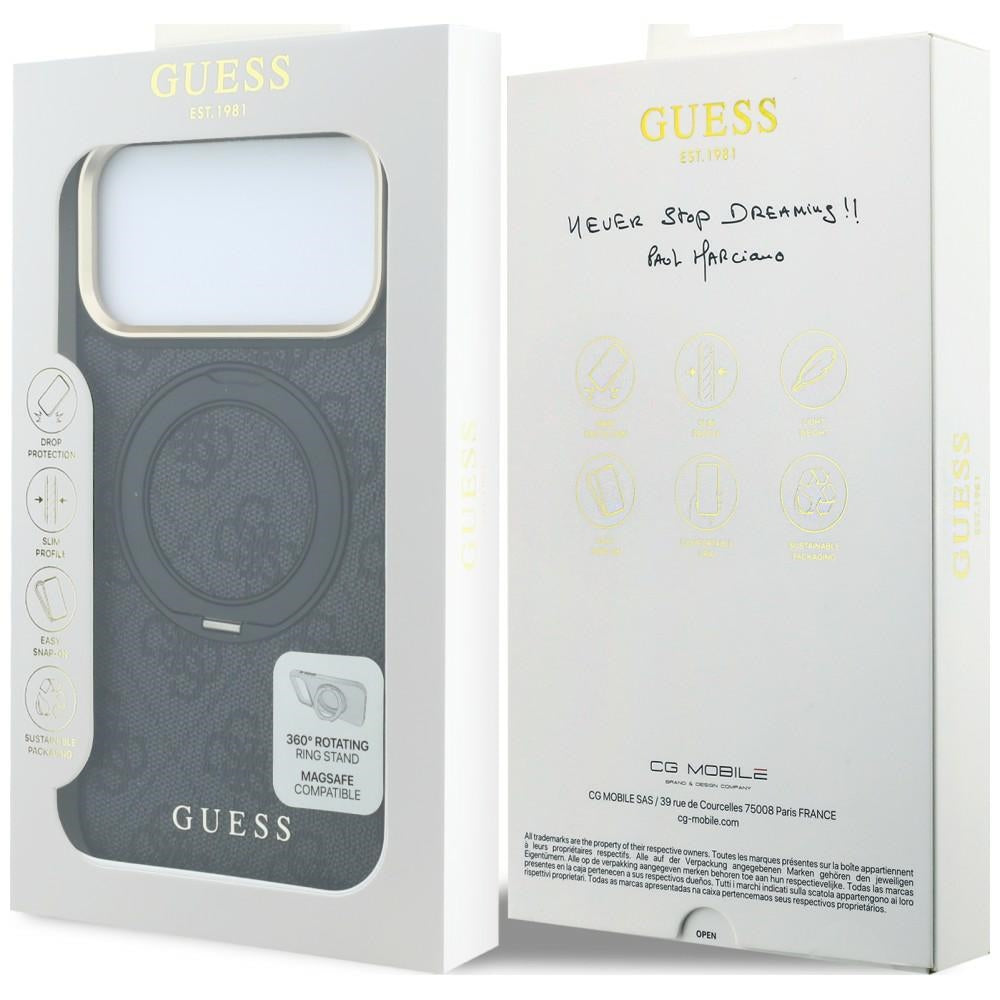 Capa Guess Ring Stand 360 4G Leather Classic Logo MagSafe - iPhone 17 Pro Max / 18 Pro Max - Preto