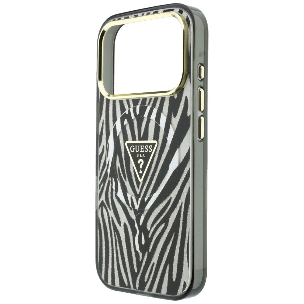 Capa Guess Zebra Glitter Triangle Logo MagSafe - iPhone 17 Pro / 18 Pro - Preto / Prateado