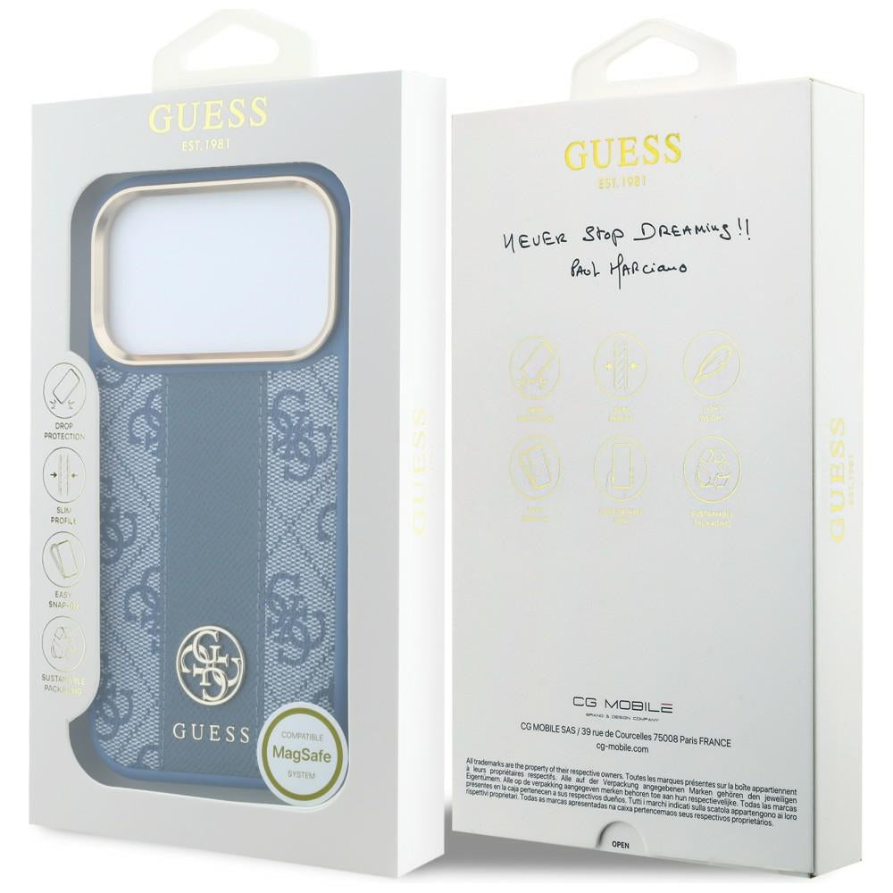 Capa Guess Leather 4G Stripe Round Classic Logo MagSafe - iPhone 17 Pro / 18 Pro - Azul