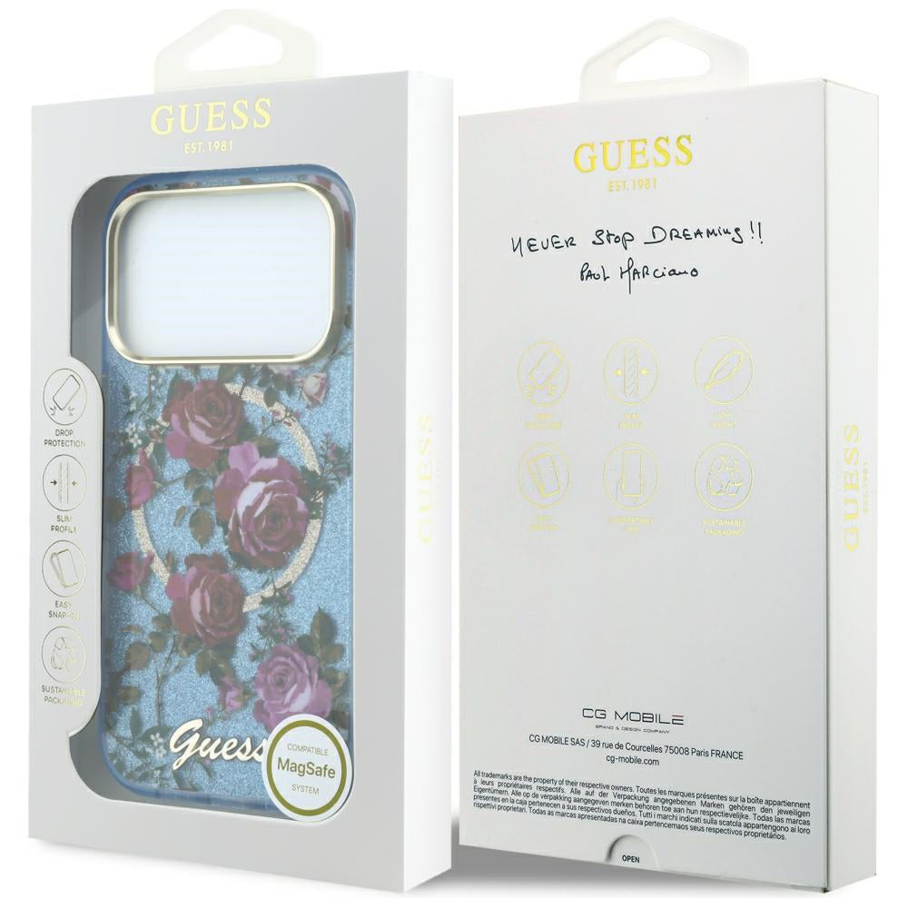 Capa Guess IML Glitter Blossom Roses MagSafe - iPhone 17 Pro / 18 Pro - Azul-claro